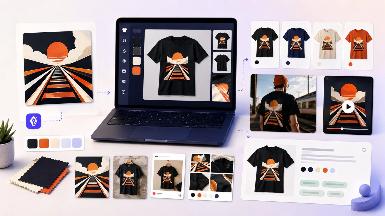 One original design becoming colour variants, lifestyle imagery, video, social content, and a marketplace listing